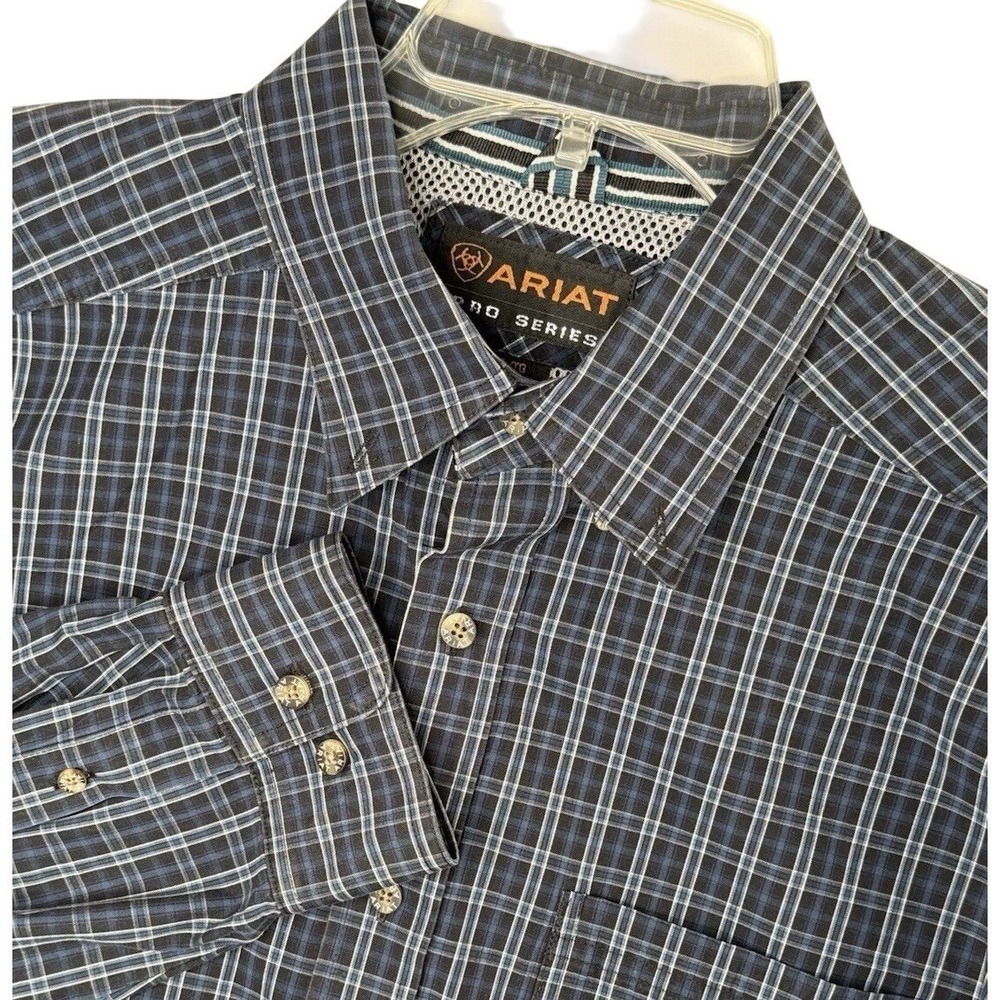 Ariat Pro Series Mens XL Navy‎ Blue White Plaid Long Sleeve Button Down Shirt